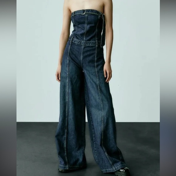 Zara Strapless Wide Leg Denim Jumpsuit size Medium - Picture 2 of 6